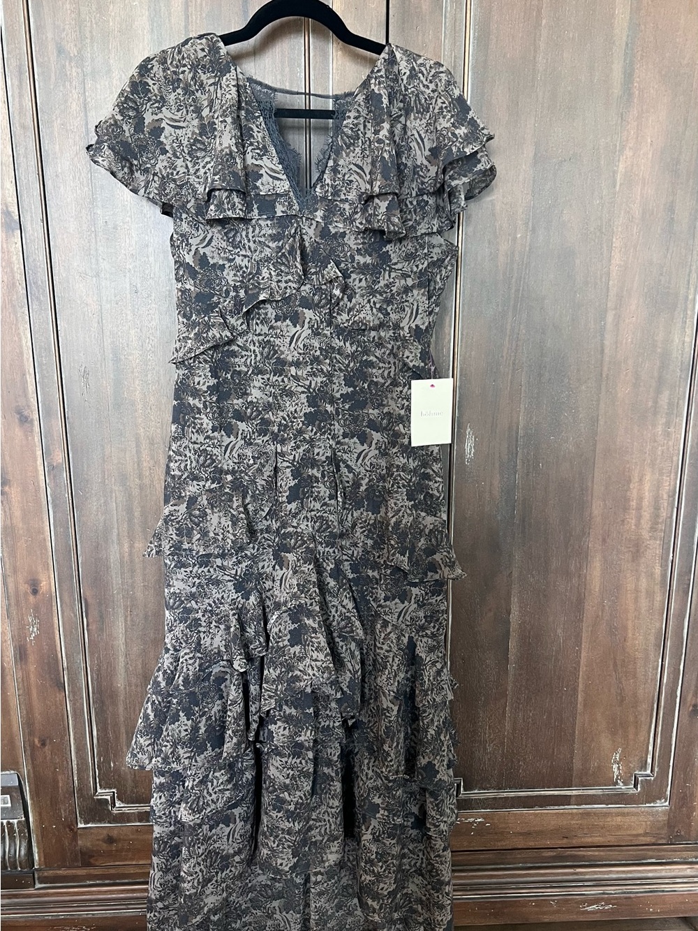 Bohme Ruffle V-Neck Tiered Maxi Dress - Black & Cream